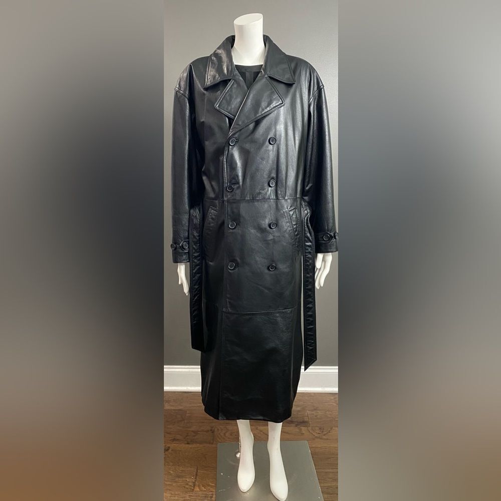 Wilson’s Blk Leather Double Breasted Belted Button Up Full Length Trench Coat M - Picture 8 of 14